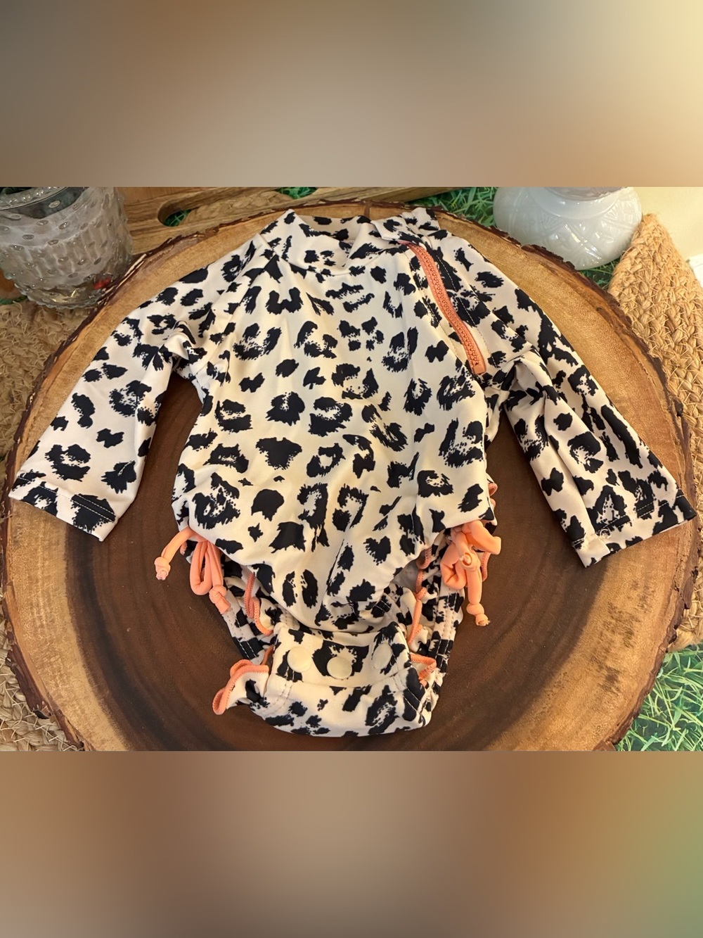 Jessica Simpson Black & Nude/Blush & Coral Leopard Print Swimsuit Rashguard